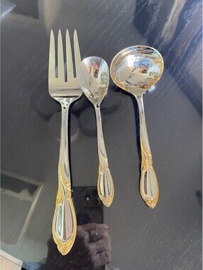 New Yamazaki Japan Cache Gold Accent  Stainless Flatware  3pc  HOSTESS SET